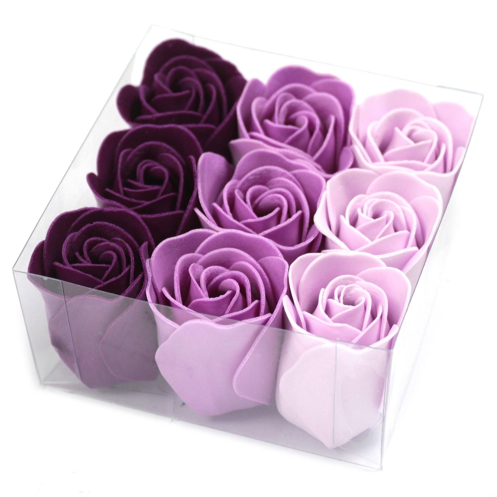 Set of 9 luxury purple rose soap flowers with realistic petal details, artistically arranged in elegant gift packaging, ready for bath use or decorative display