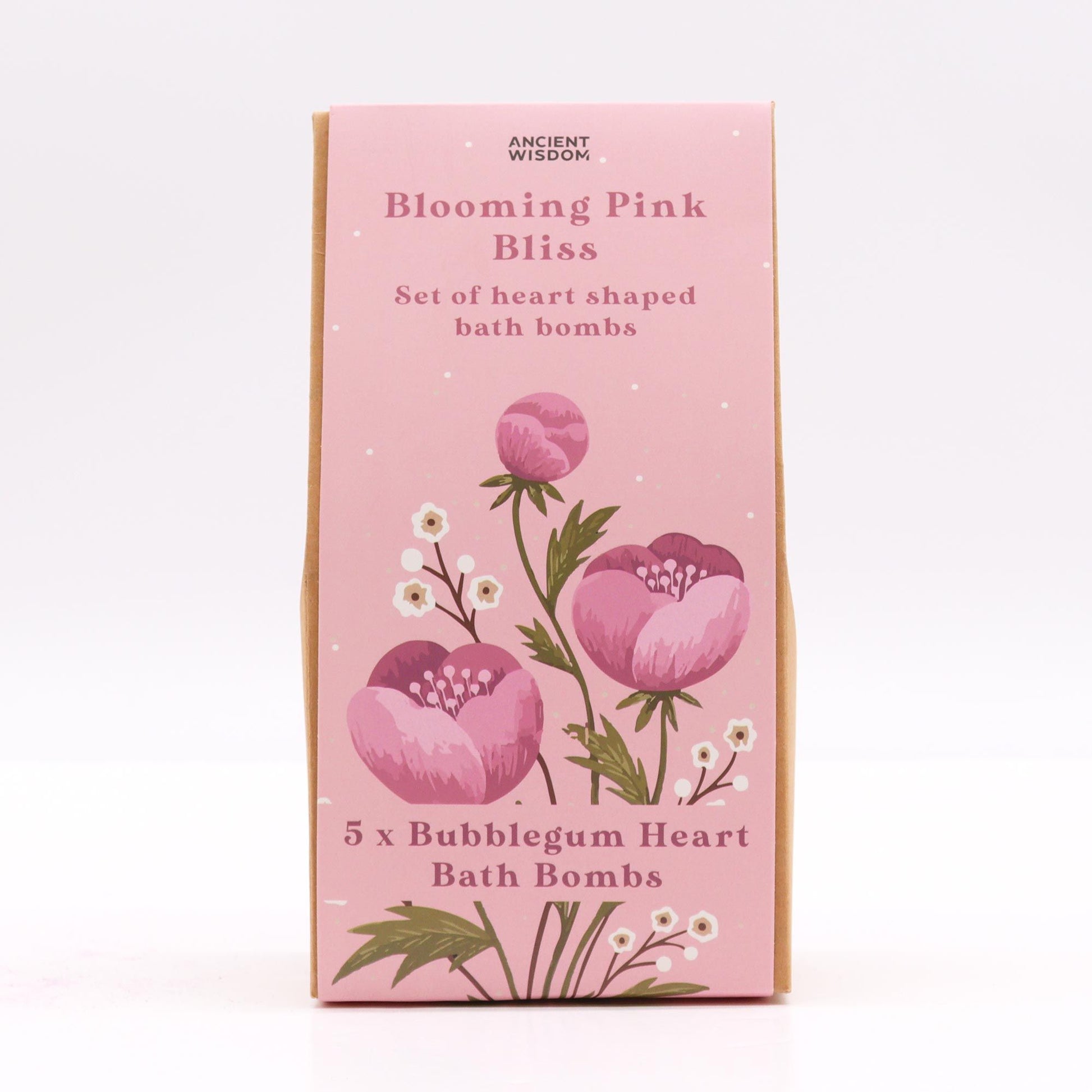 Blooming Pink Bliss Bath Heart Gift Set in beautiful pink box with 5 pink heart-shaped bath bombs