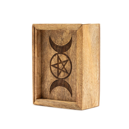 Small Tarot Box with Card Holder made from warm mango wood, open to show card compartment and upright display slot