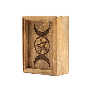 Small Tarot Box with Card Holder made from warm mango wood, open to show card compartment and upright display slot