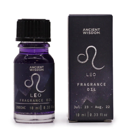 Leo fragrance oil bottle and packaging with 'Ancient Wisdom' branding on a white background