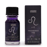 Leo fragrance oil bottle and packaging with 'Ancient Wisdom' branding on a white background