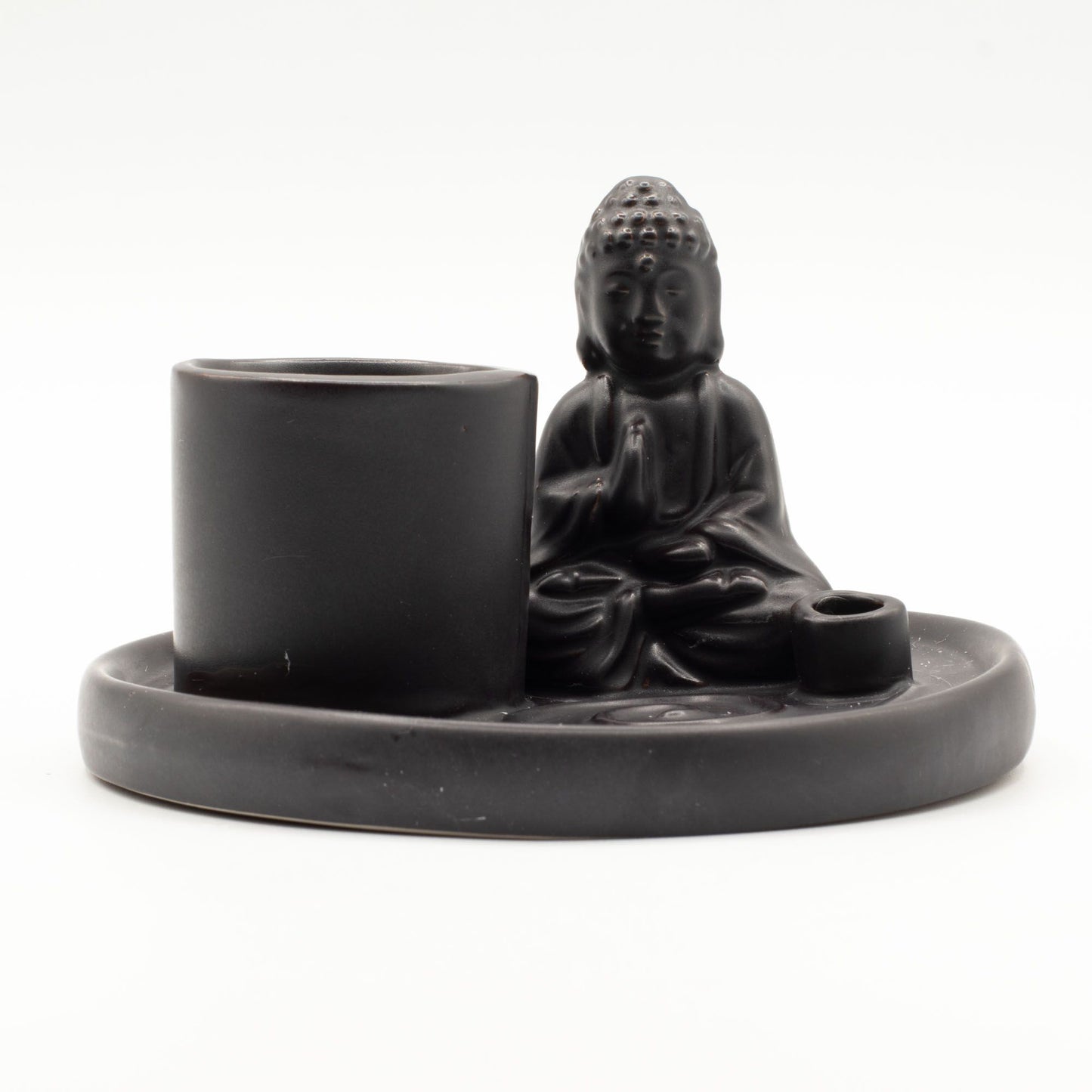 Matt black ceramic Buddha incense plate with seated prayer pose Buddha, integrated holders for incense sticks & cones, ash-catching base