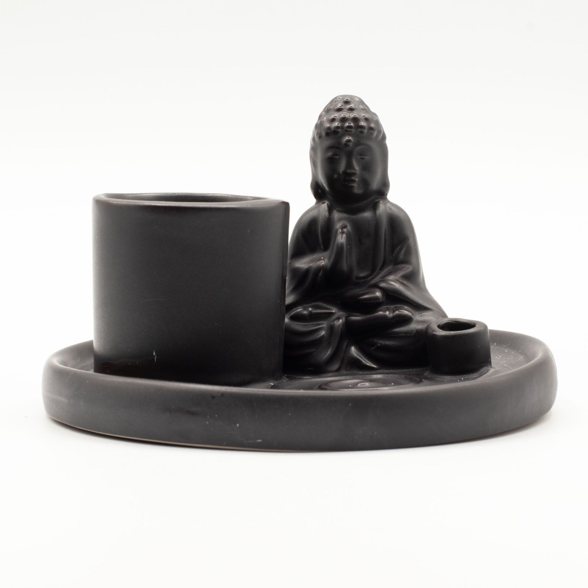Matt black ceramic Buddha incense plate with seated prayer pose Buddha, integrated holders for incense sticks & cones, ash-catching base