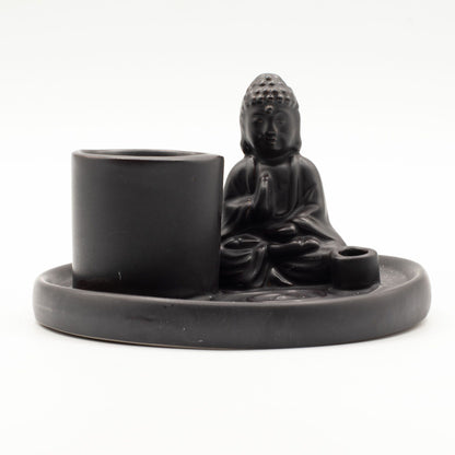 Matt black ceramic Buddha incense plate with seated prayer pose Buddha, integrated holders for incense sticks & cones, ash-catching base