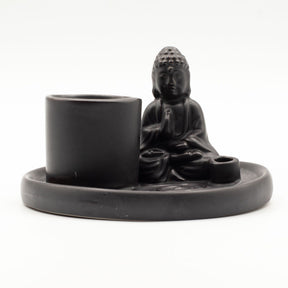 Matt black ceramic Buddha incense plate with seated prayer pose Buddha, integrated holders for incense sticks & cones, ash-catching base