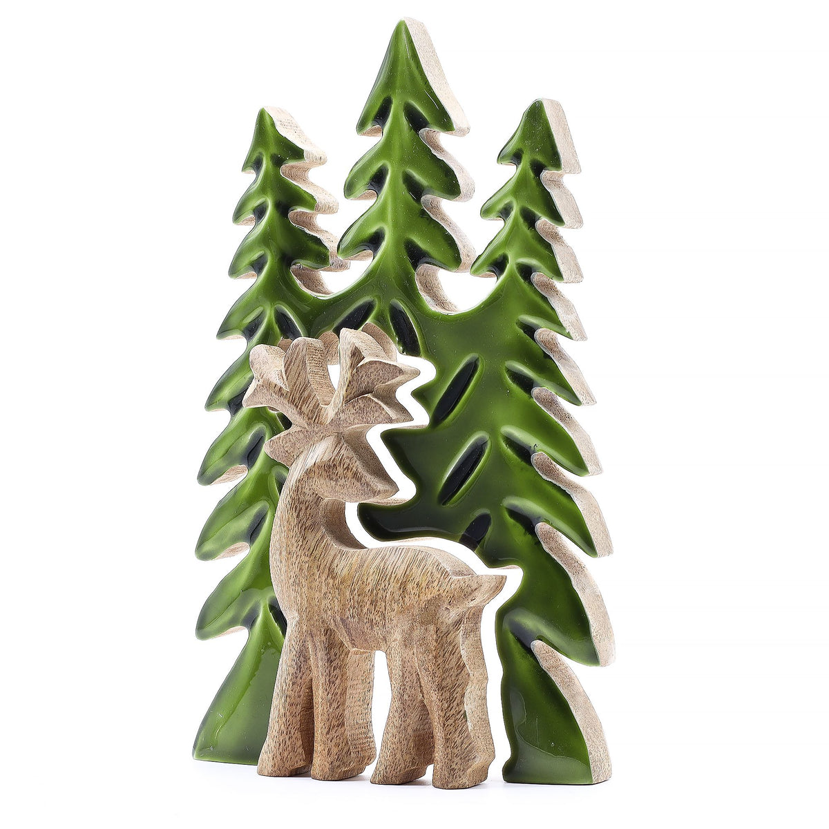 23×15cm layered mango wood stag decoration with proud antlers and glowing green enamel trees, styled on mantel and frosted pine branches