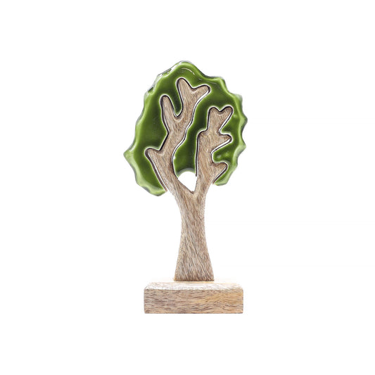 20 cm tall 3D mango wood Christmas tree with deep green enamel branches on wooden base, styled on shelf with fairy lights and pine cones