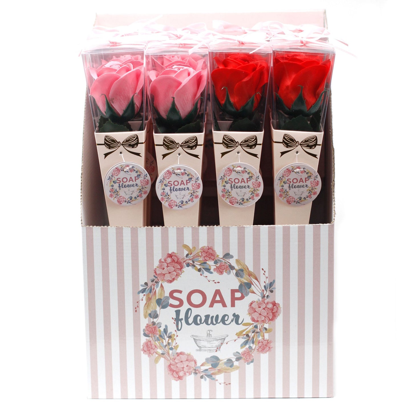 Packaged soap flowers in pink and red with decorative box