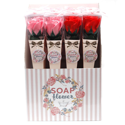 Packaged soap flowers in pink and red with decorative box