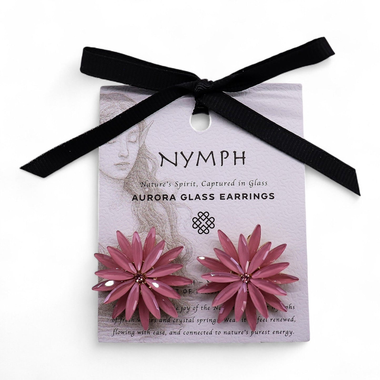 Aurora glass earrings in packaging with a black ribbon on a white background
