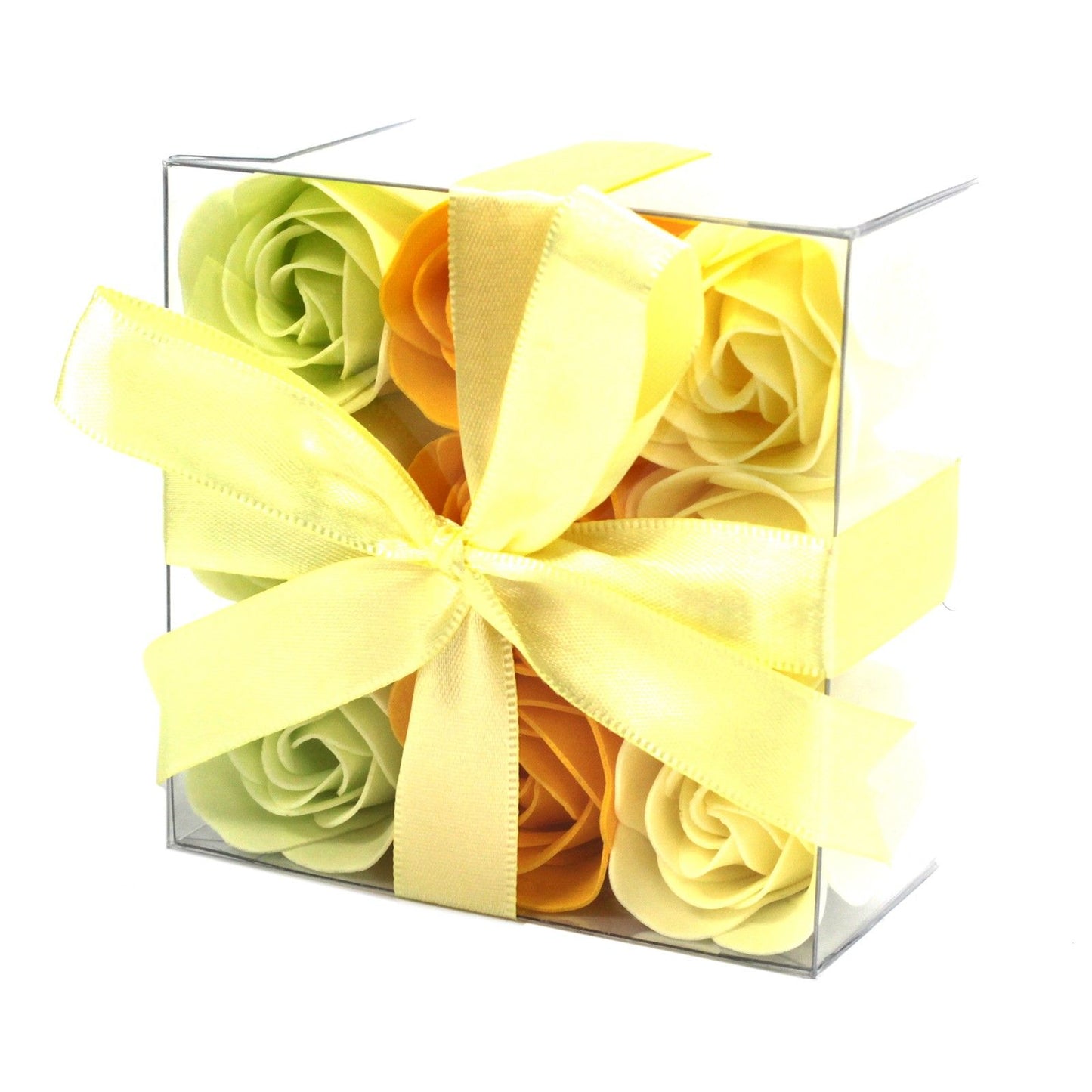Set of 9 luxury yellow rose soap flowers with realistic petal details, artistically arranged in elegant gift packaging, ready for bath use or decorative display