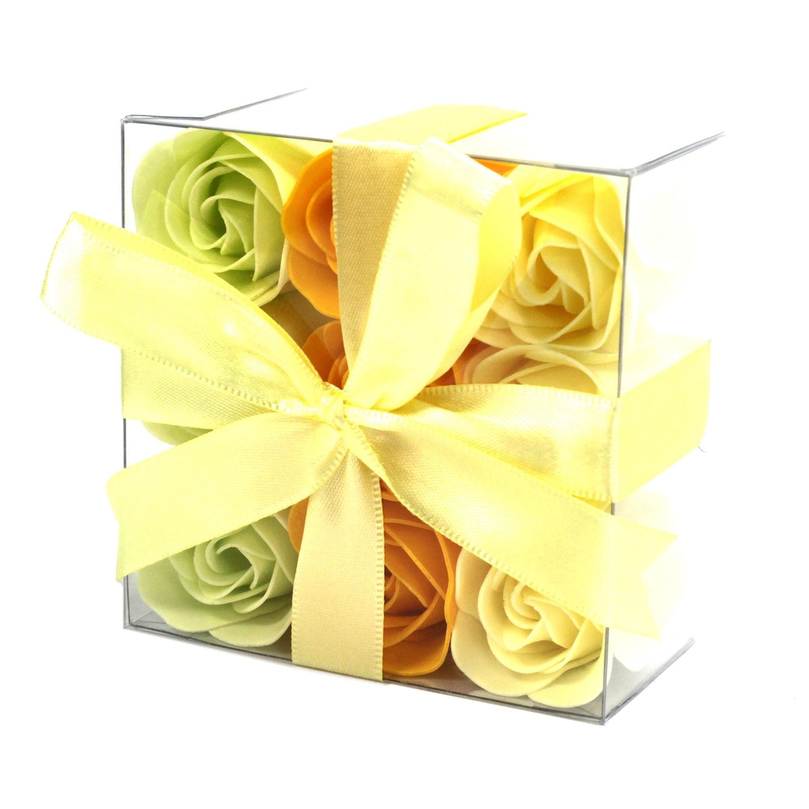 Set of 9 luxury yellow rose soap flowers with realistic petal details, artistically arranged in elegant gift packaging, ready for bath use or decorative display