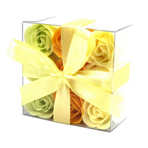 Set of 9 luxury yellow rose soap flowers with realistic petal details, artistically arranged in elegant gift packaging, ready for bath use or decorative display