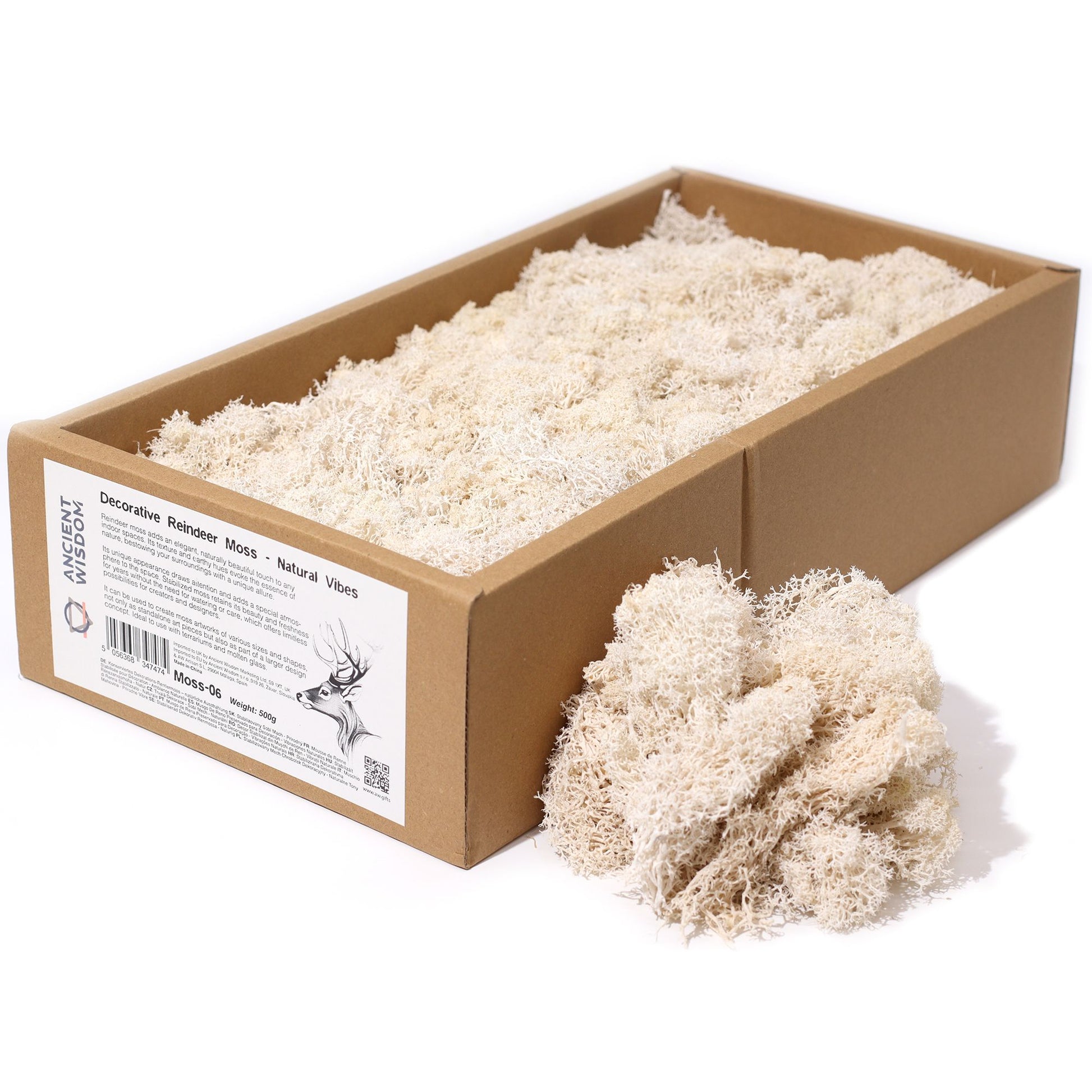 Box of decorative reindeer moss with a sample on a white background