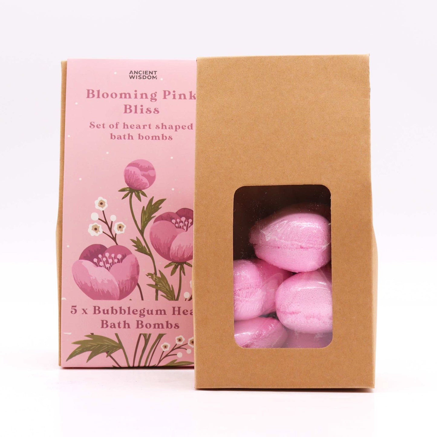 Blooming Pink Bliss Bath Heart Gift Set in beautiful pink box with 5 pink heart-shaped bath bombs