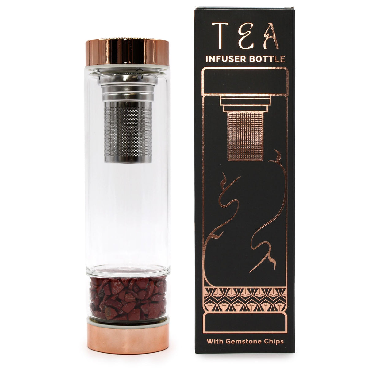 Rose gold red jasper crystal tea infuser bottle with removable bottom chamber full of deep red jasper chips, neoprene sleeve