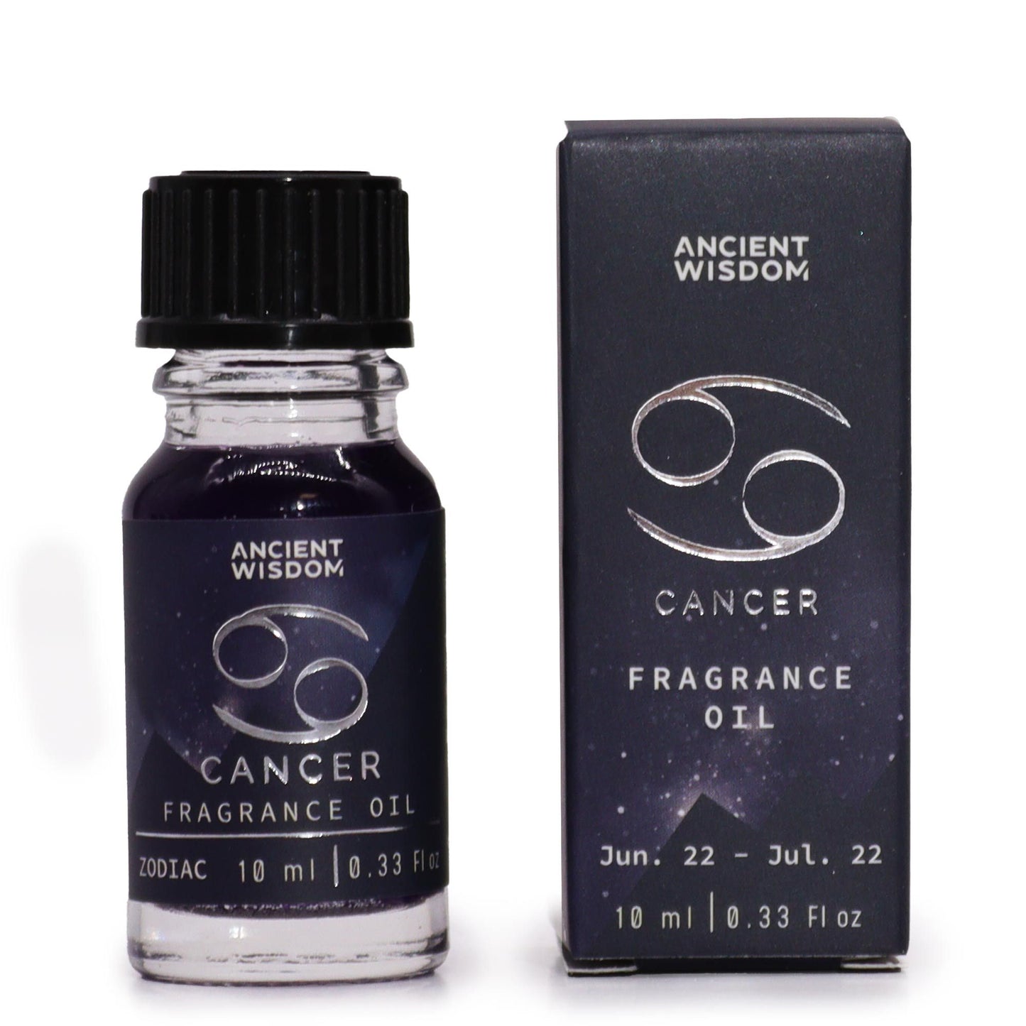Bottle and box of Cancer Fragrance Oil by Ancient Wisdom on a white background