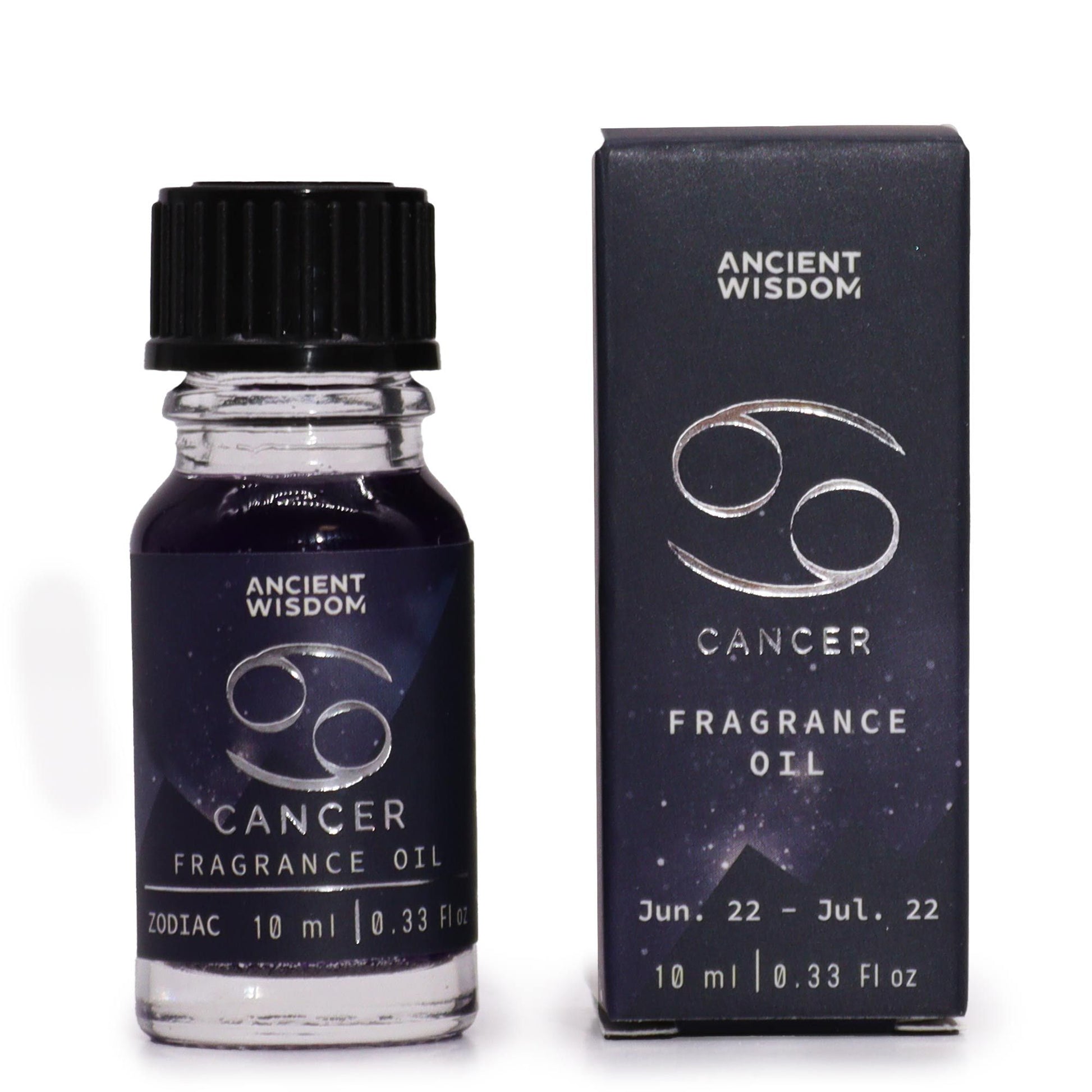 Bottle and box of Cancer Fragrance Oil by Ancient Wisdom on a white background