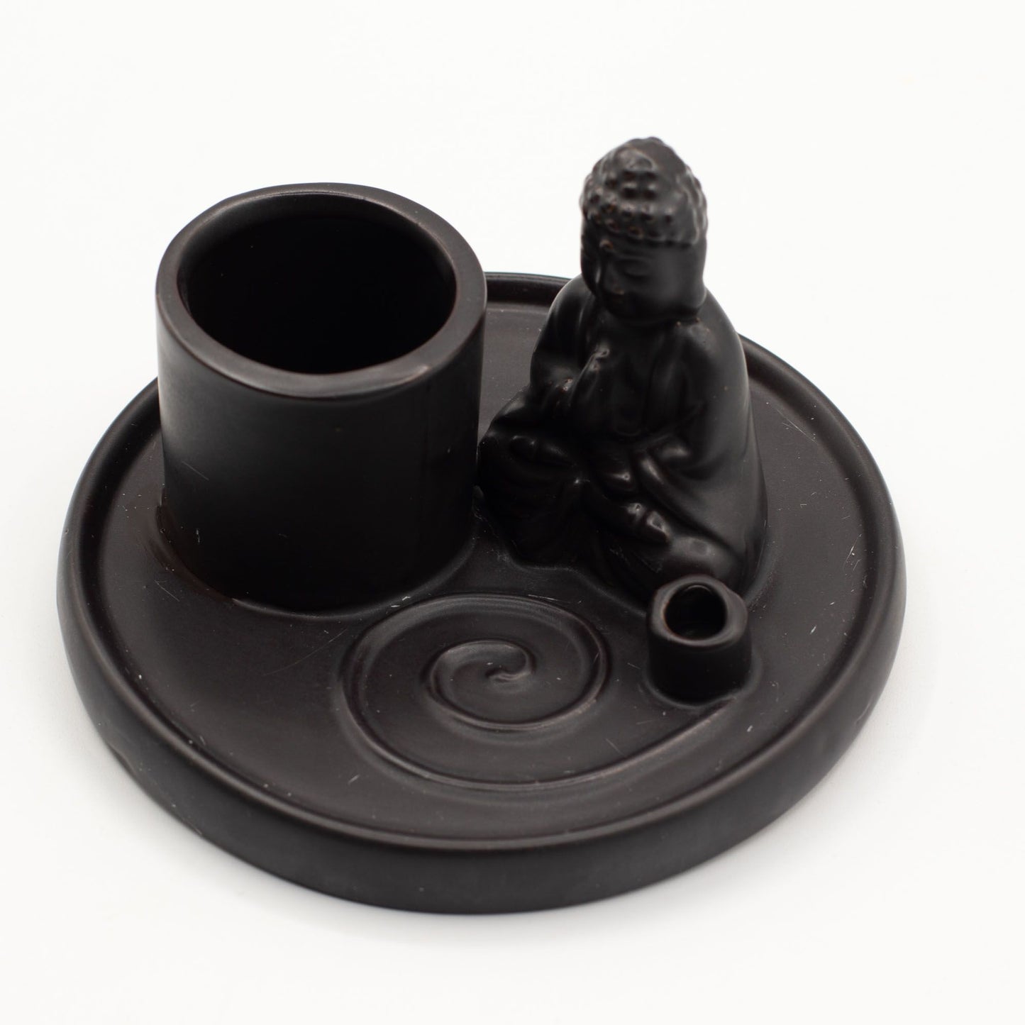 Matt black ceramic Buddha incense plate with seated prayer pose Buddha, integrated holders for incense sticks & cones, ash-catching base