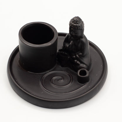 Matt black ceramic Buddha incense plate with seated prayer pose Buddha, integrated holders for incense sticks & cones, ash-catching base
