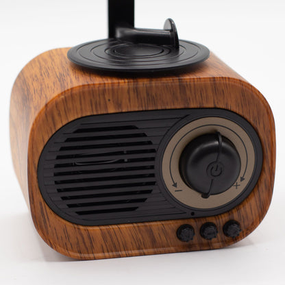 Close-up of retro gramophone speaker showing horn detail, front controls (volume, play/pause, FM mode) and speaker grille