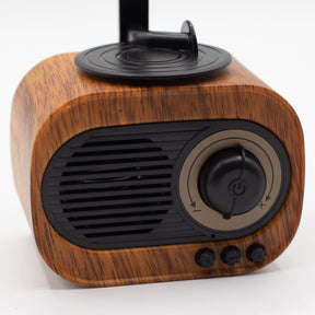 Close-up of retro gramophone speaker showing horn detail, front controls (volume, play/pause, FM mode) and speaker grille