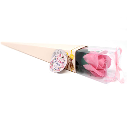 Ready to Retail Rose Soap Flower with realistic pink/red rose petals, elegantly wrapped in gift packaging
