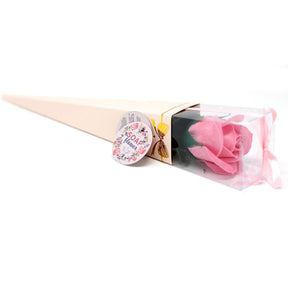 Ready to Retail Rose Soap Flower with realistic pink/red rose petals, elegantly wrapped in gift packaging