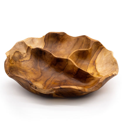 Smooth round teakwood fruit bowl with three divided sections, rich natural grain visible