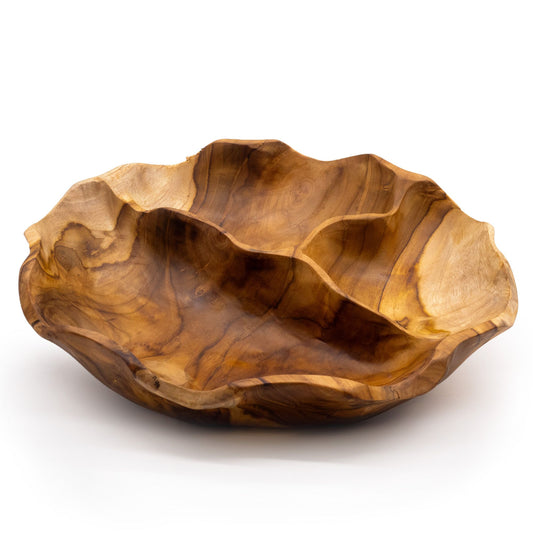Smooth round teakwood fruit bowl with three divided sections, rich natural grain visible