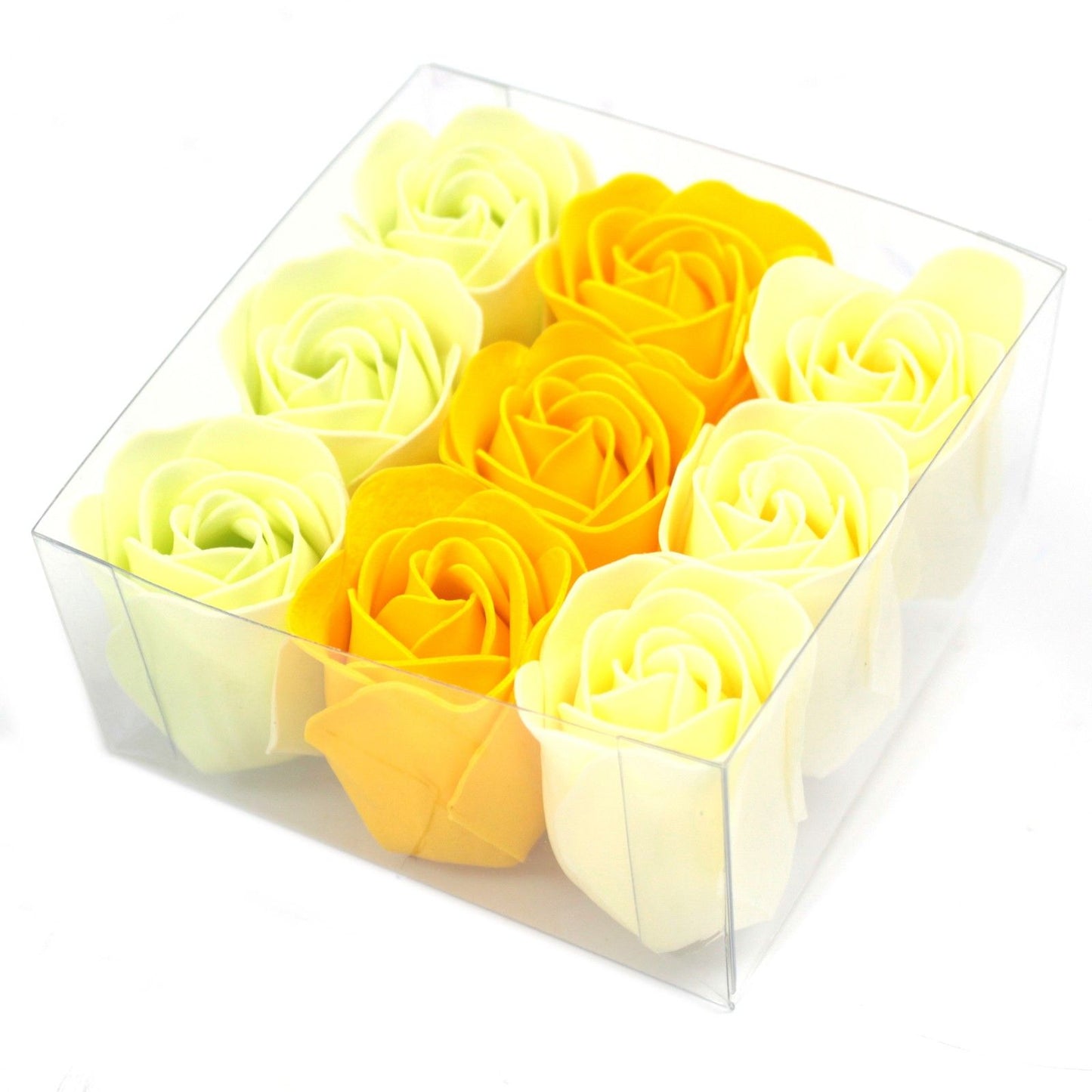 Set of 9 luxury yellow rose soap flowers with realistic petal details, artistically arranged in elegant gift packaging, ready for bath use or decorative display
