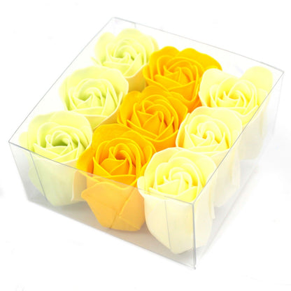 Set of 9 luxury yellow rose soap flowers with realistic petal details, artistically arranged in elegant gift packaging, ready for bath use or decorative display