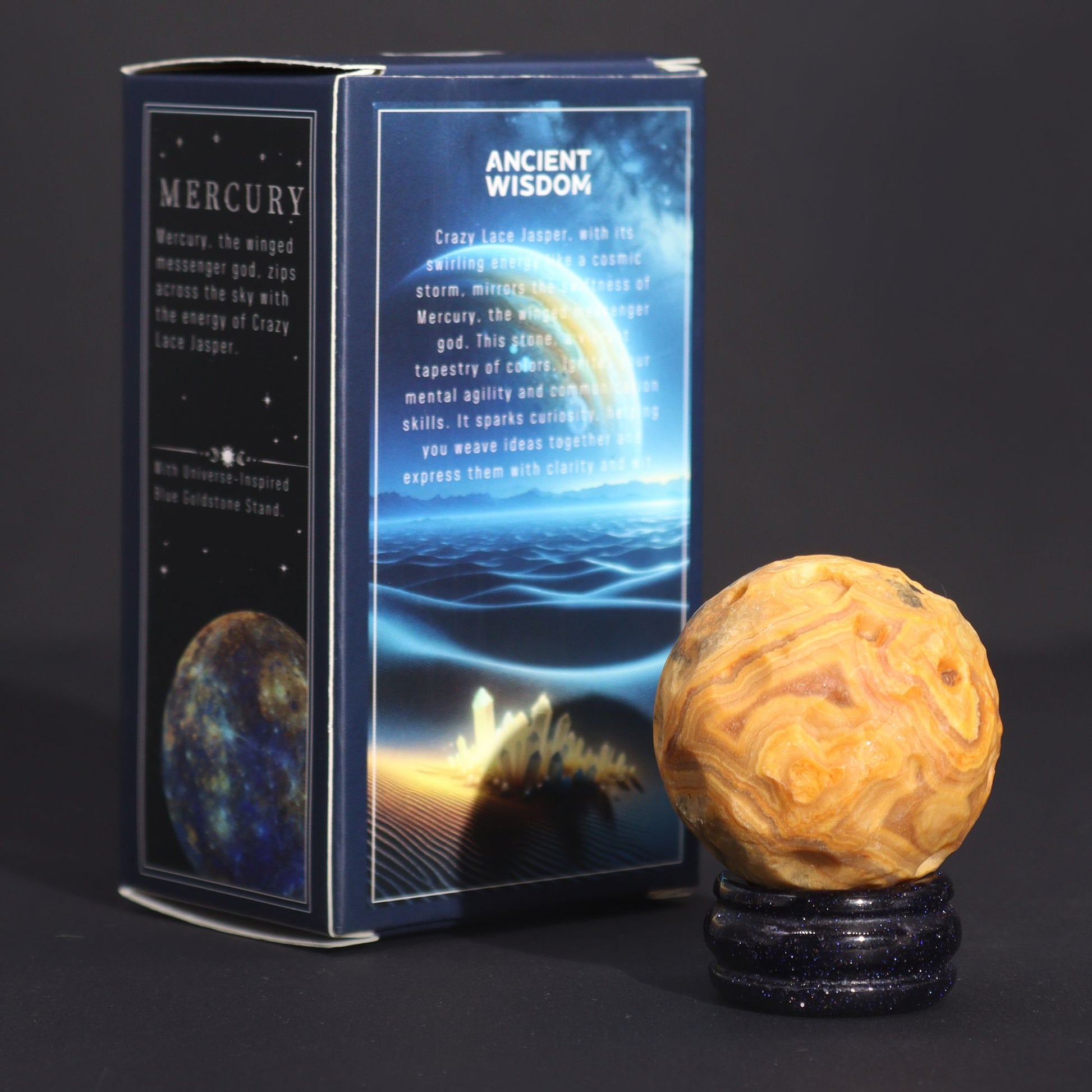 40mm swirling Crazy Lace Jasper Mercury sphere floating on shimmering goldstone ring stand, glowing against starry cosmic background