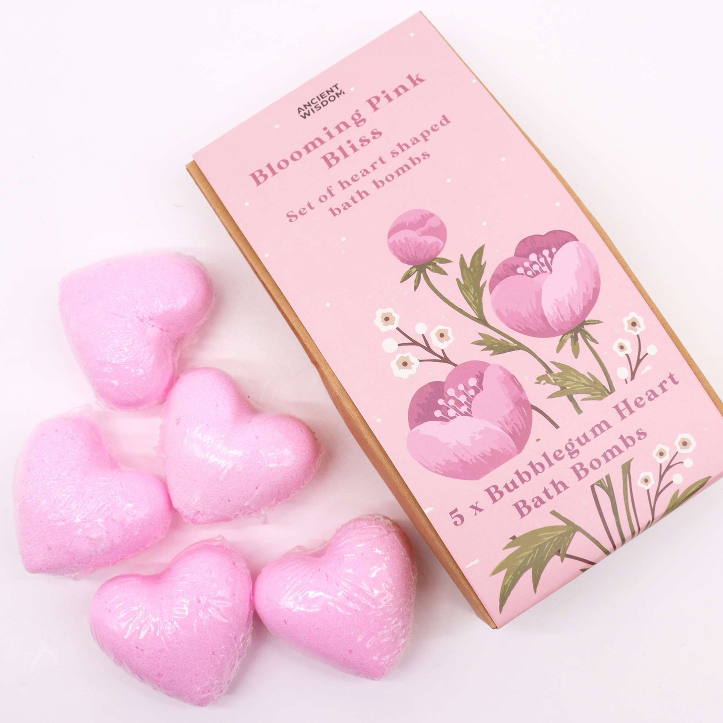 Blooming Pink Bliss Bath Heart Gift Set in beautiful pink box with 5 pink heart-shaped bath bombs