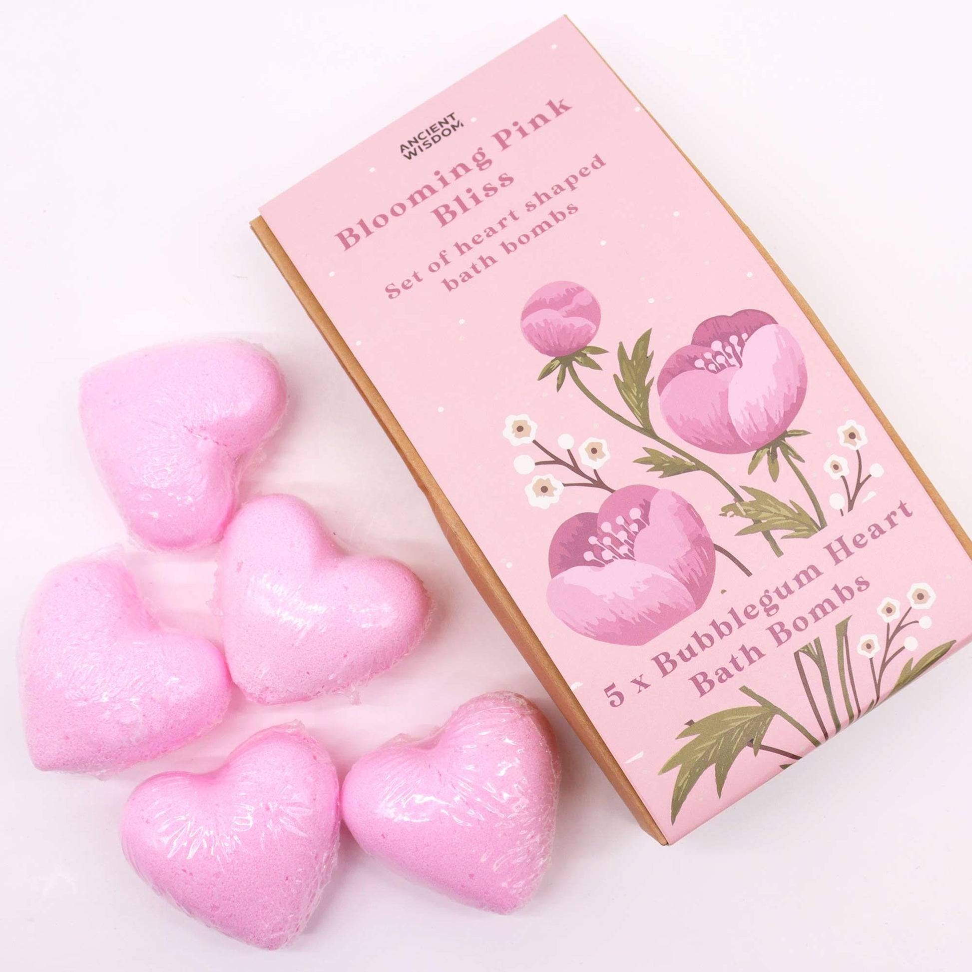 Blooming Pink Bliss Bath Heart Gift Set in beautiful pink box with 5 pink heart-shaped bath bombs