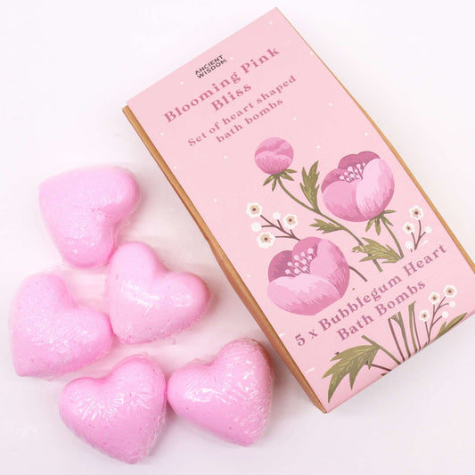 Blooming Pink Bliss Bath Heart Gift Set in beautiful pink box with 5 pink heart-shaped bath bombs