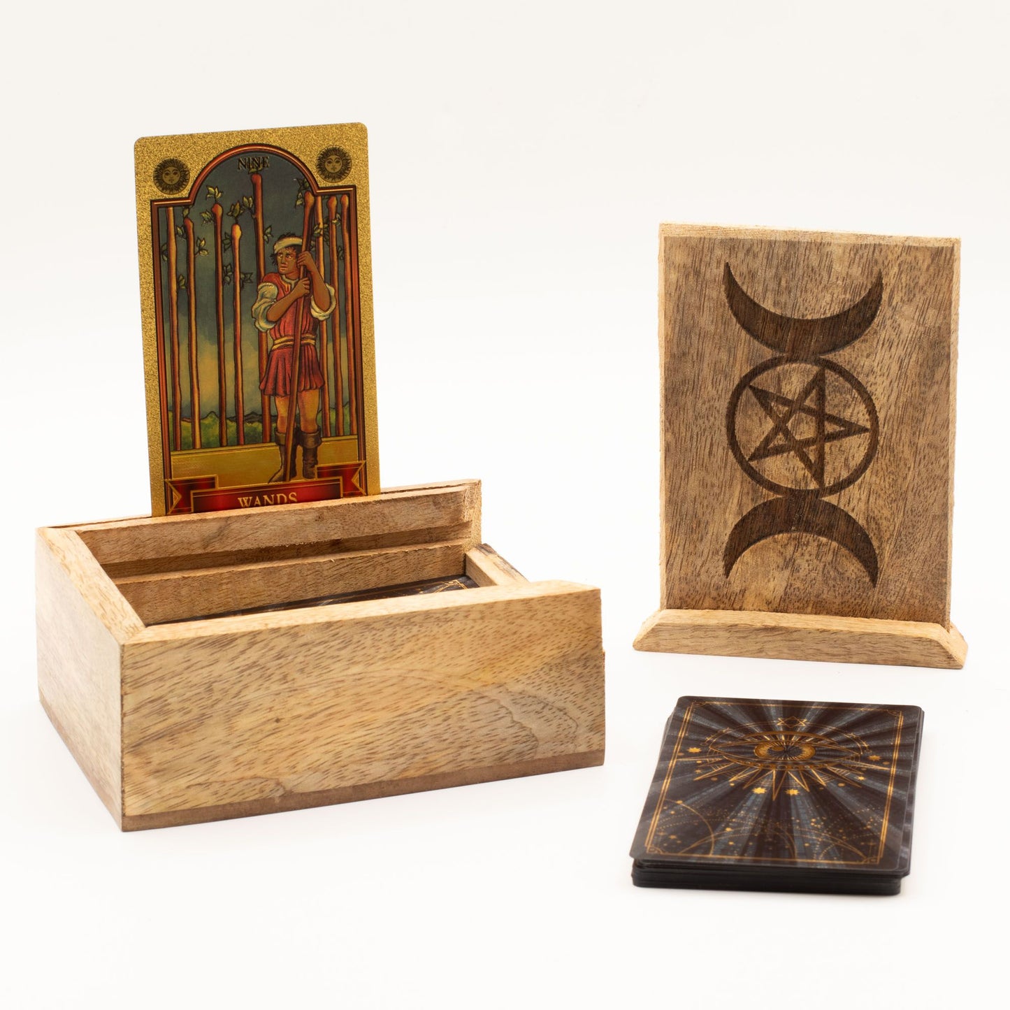 Full box styled on wooden surface with crystals and incense, creating minimalist ritual aesthetic