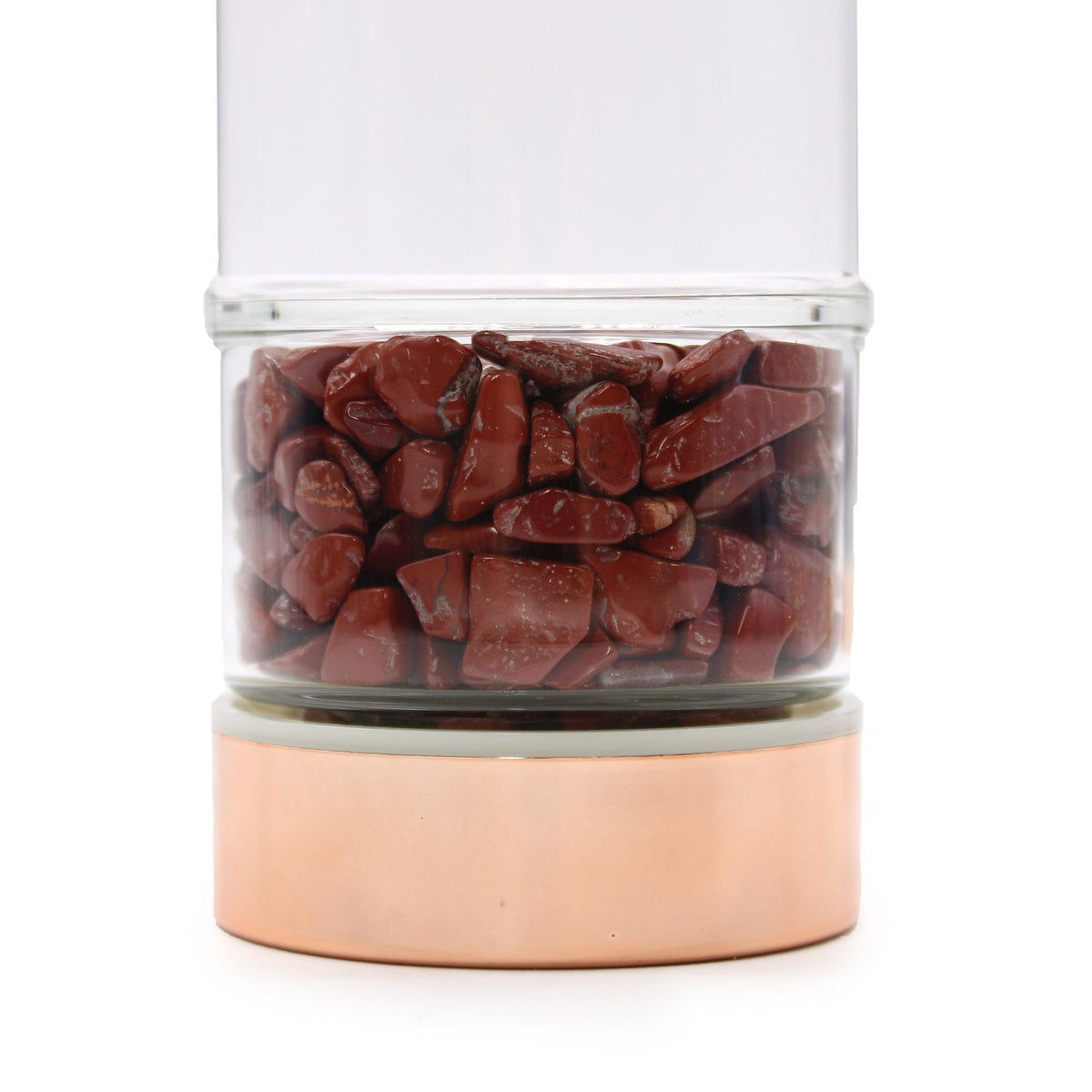 Rose gold red jasper crystal tea infuser bottle with removable bottom chamber full of deep red jasper chips, neoprene sleeve