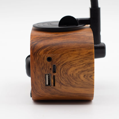 Detail of wood-effect base, retro styling and USB charging port with included cable