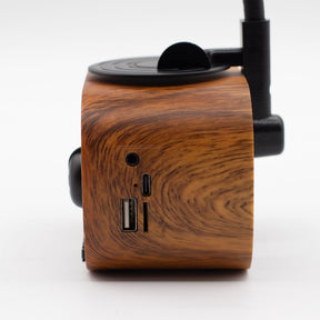 Detail of wood-effect base, retro styling and USB charging port with included cable