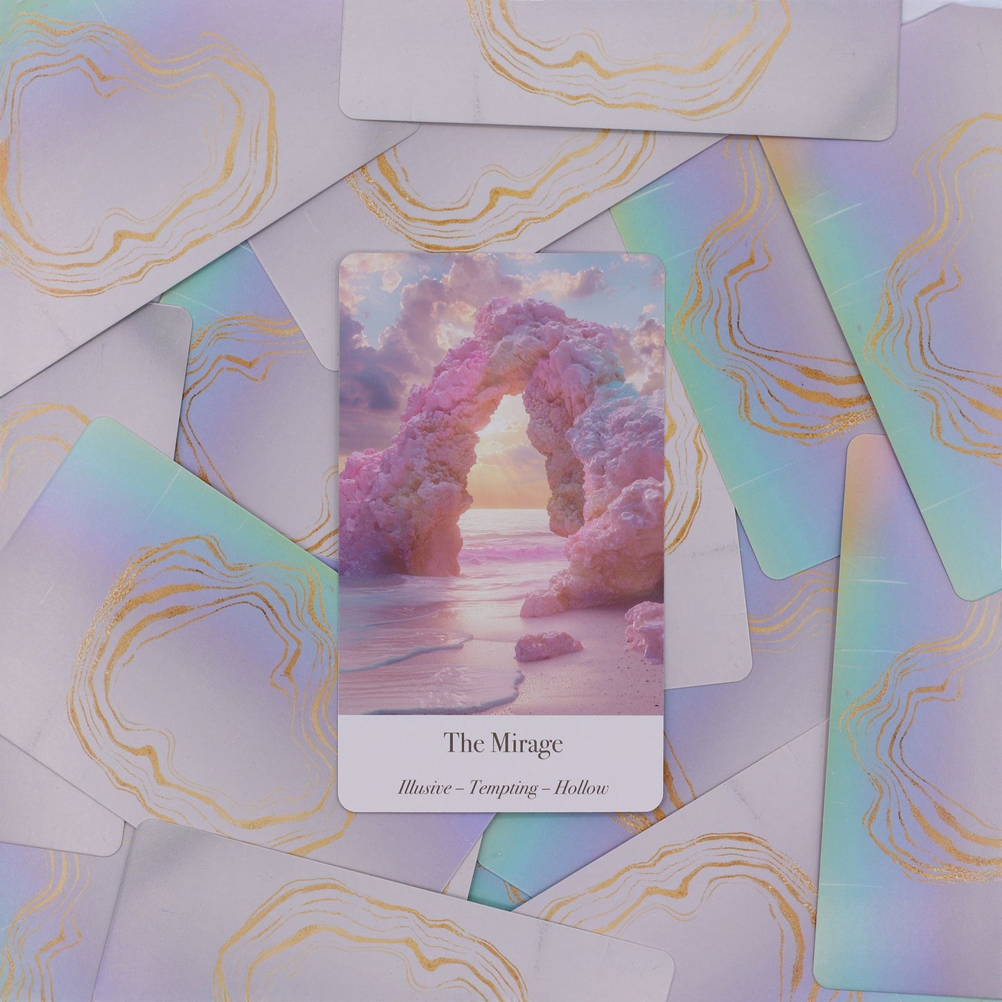 Card titled 'The Mirage' surrounded by other cards with a similar design