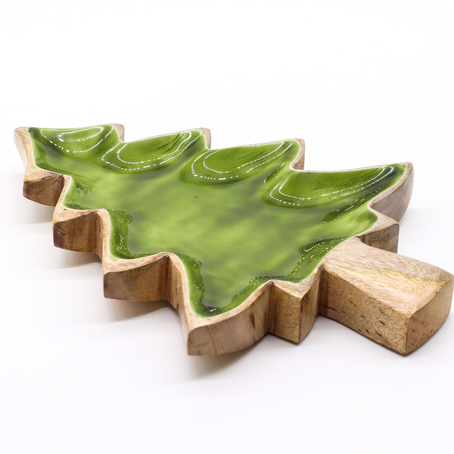 Tree-shaped mango wood bowl with rich green enamel interior