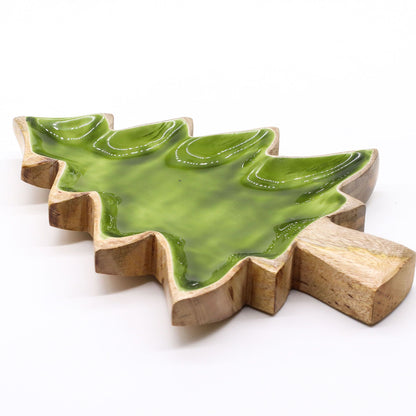 Tree-shaped mango wood bowl with rich green enamel interior