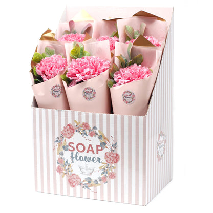 Box of soap flowers with pink flowers and 'Soap Flower' branding.