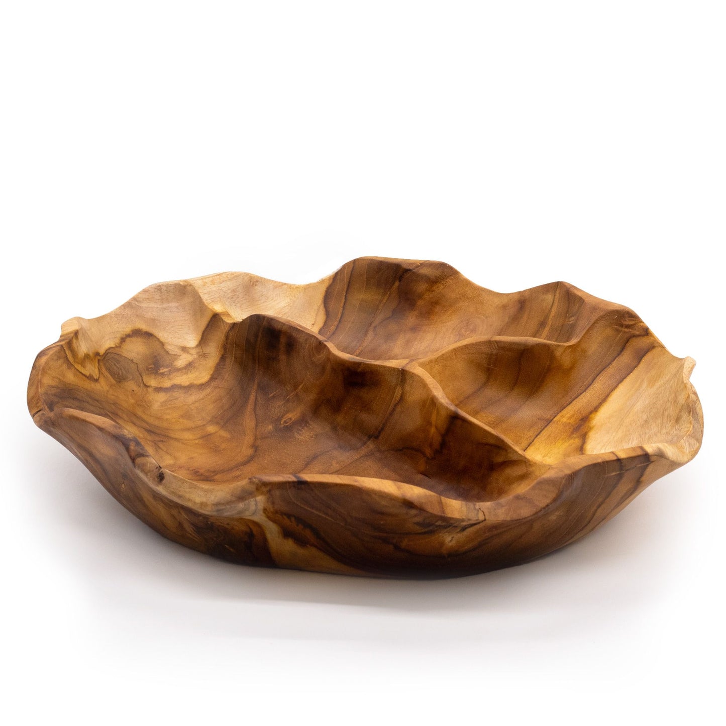 Close-up of smooth teakwood texture and warm grain patterns, highlighting the three separate compartments and craftsmanship