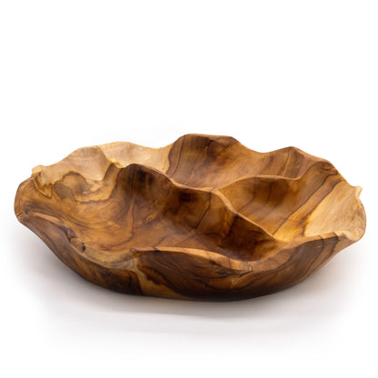 Close-up of smooth teakwood texture and warm grain patterns, highlighting the three separate compartments and craftsmanship