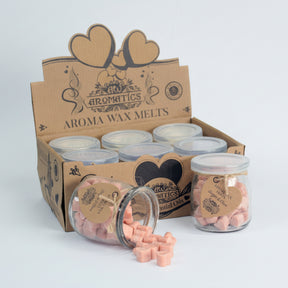 Aromatics Aroma Wax Melts packaging with jars of wax melts on a white background