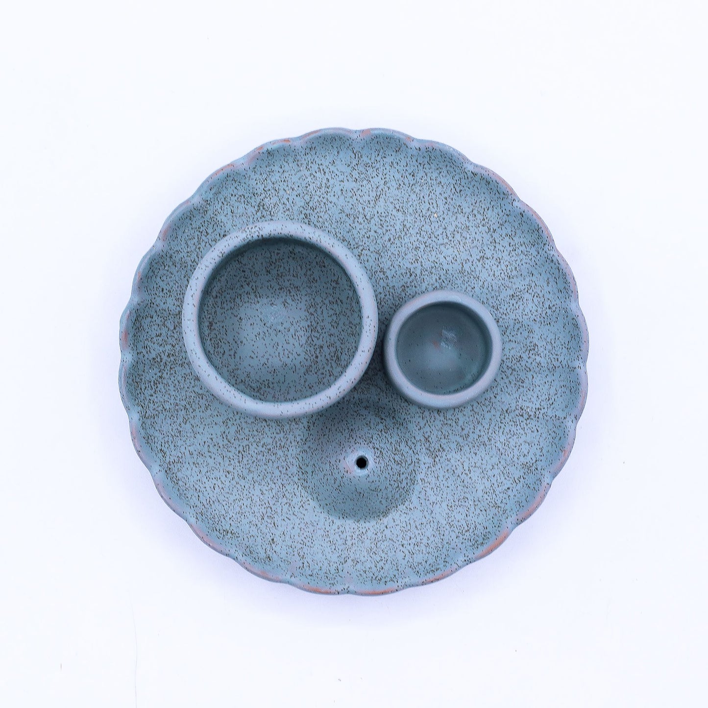 Blue ceramic incense burner with two smaller bowls