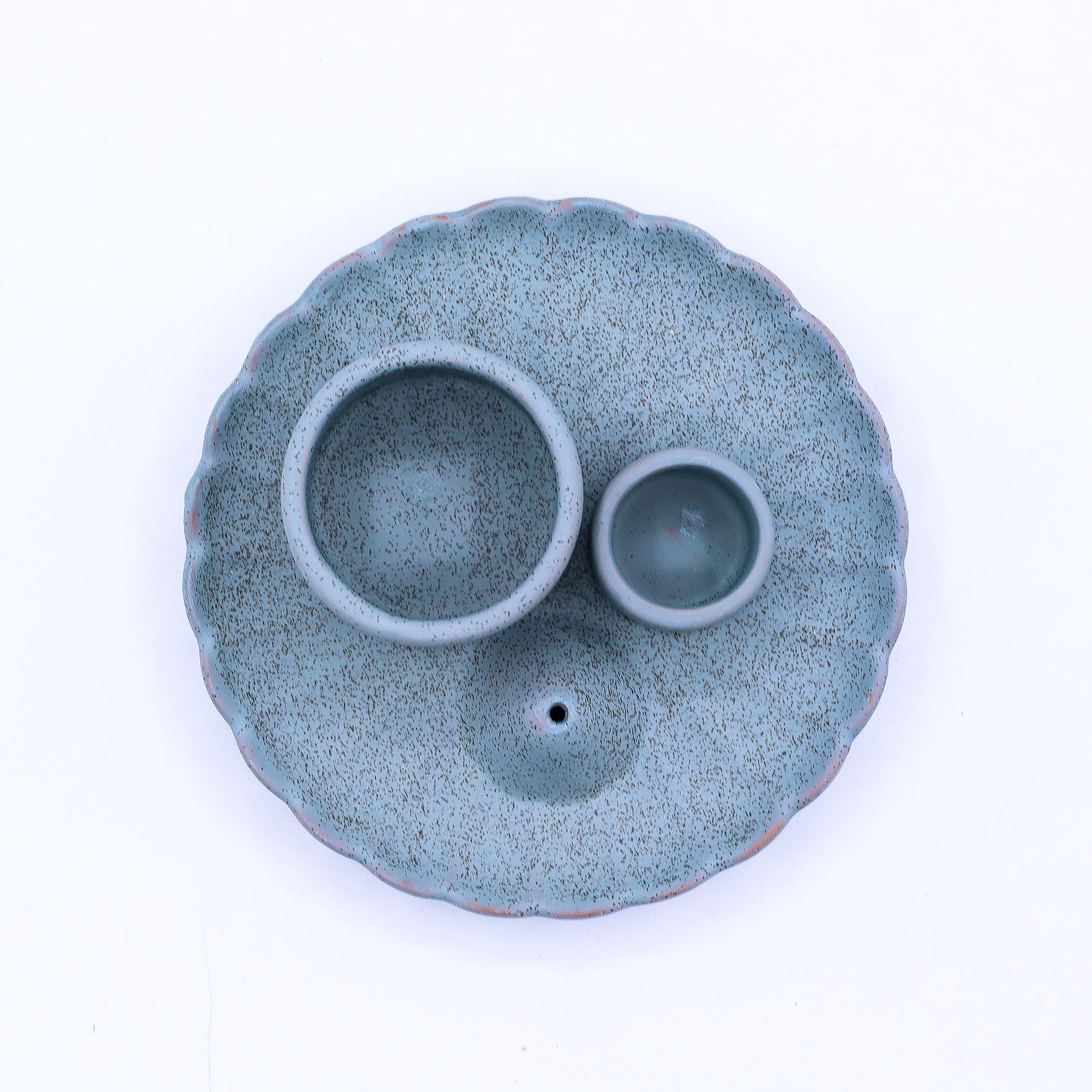 Blue ceramic incense burner with two smaller bowls